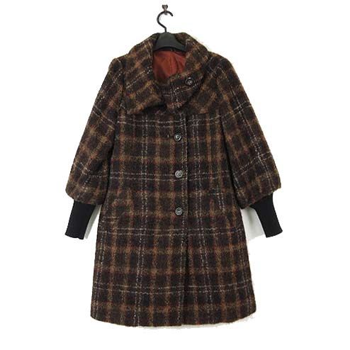 スチェッソ SUTSESO コート アウター モヘア ウール ワイド襟 リブ袖 チェック柄 L 42 ダークブラウン こげ茶色 ベージュ オレンジ