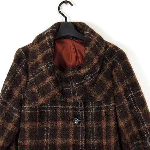 スチェッソ SUTSESO コート アウター モヘア ウール ワイド襟 リブ袖 チェック柄 L 42 ダークブラウン こげ茶色 ベージュ オレンジ