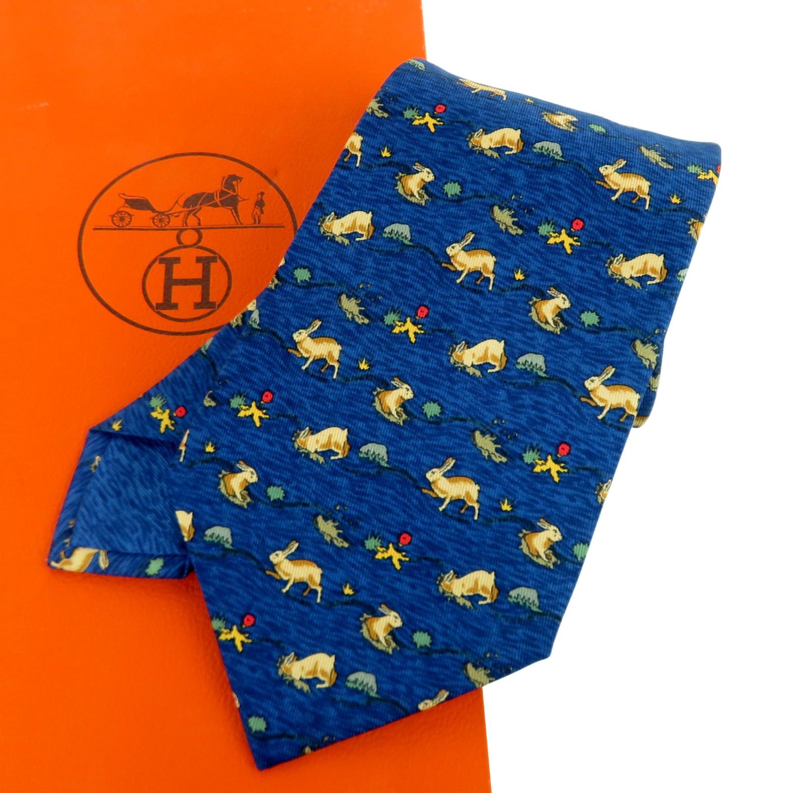 HERMES エルメス ネクタイ 7689 OAうさぎ ネイビー シルク フランス製 パッケージ付き rk10325