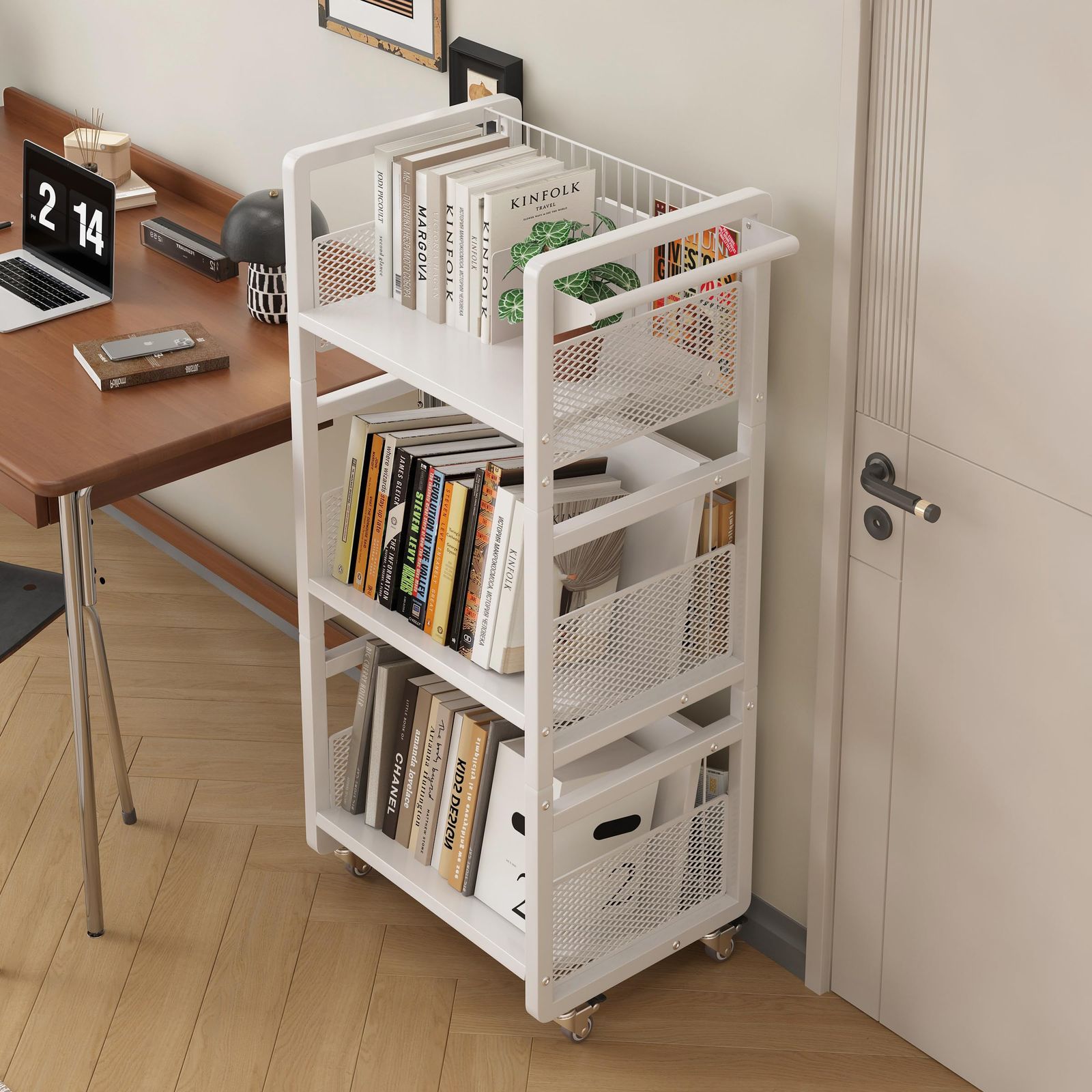 Ornesitaファイルワゴン 本棚 書類棚 書類収納 キャスター付き大容量収納 ファイルラック 可動棚3 段 組み立て簡単 教科書収納 雑誌 絵本 漫画収納 クリアファイル 収納 子供部屋 教室収納棚 ホワイト幅44 奥行32 高さ95 cm