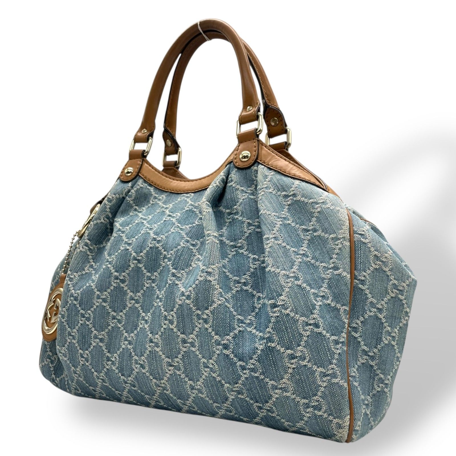 グッチ GUCCI GGデニム GGキャンバス スーキー ハンドバッグ トートバッグ キャンバス×レザー チャーム付 ブルー 青 ブラウン 茶 ゴールド金具 ホーボー Y2K レディース K9