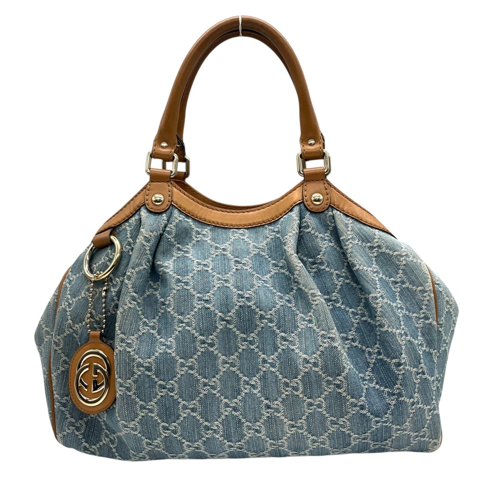 グッチ GUCCI GGデニム GGキャンバス スーキー ハンドバッグ トートバッグ キャンバス×レザー チャーム付 ブルー 青 ブラウン 茶 ゴールド金具 ホーボー Y2K レディース K9