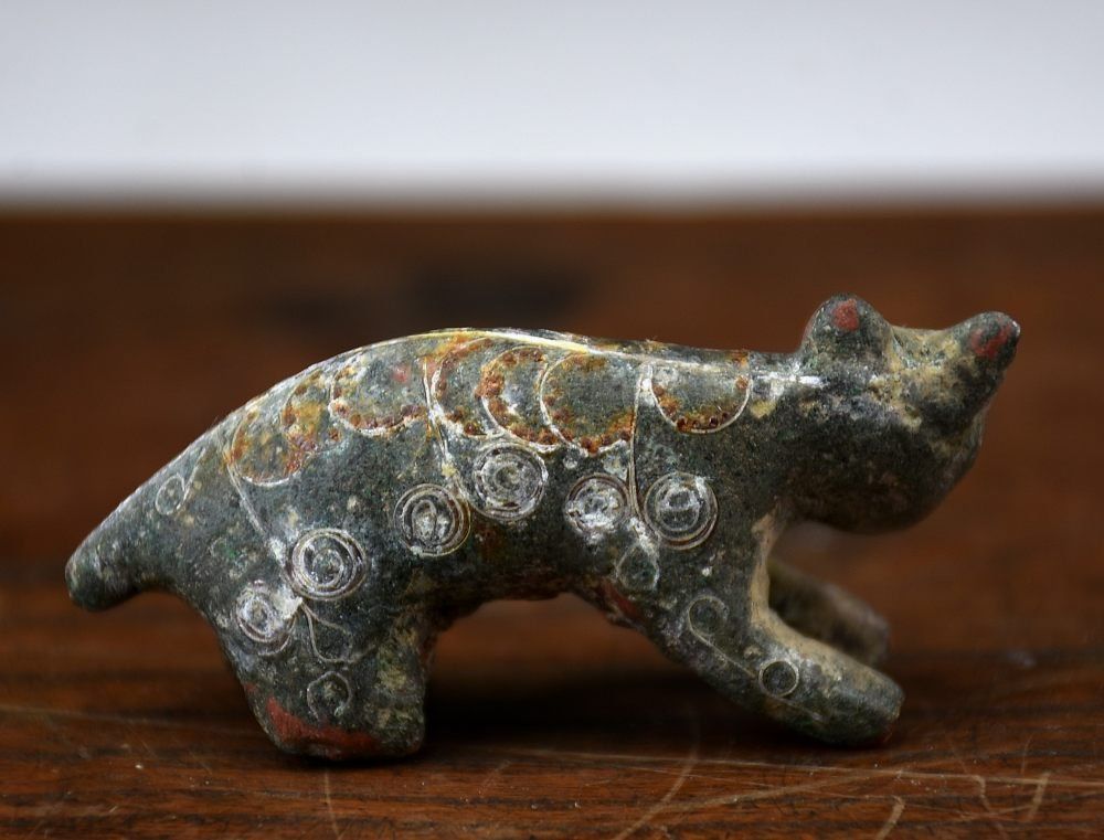 蔵A5480d 中国古美術 青銅象嵌猫 書鎮 杖頭 漢代 戦国時代