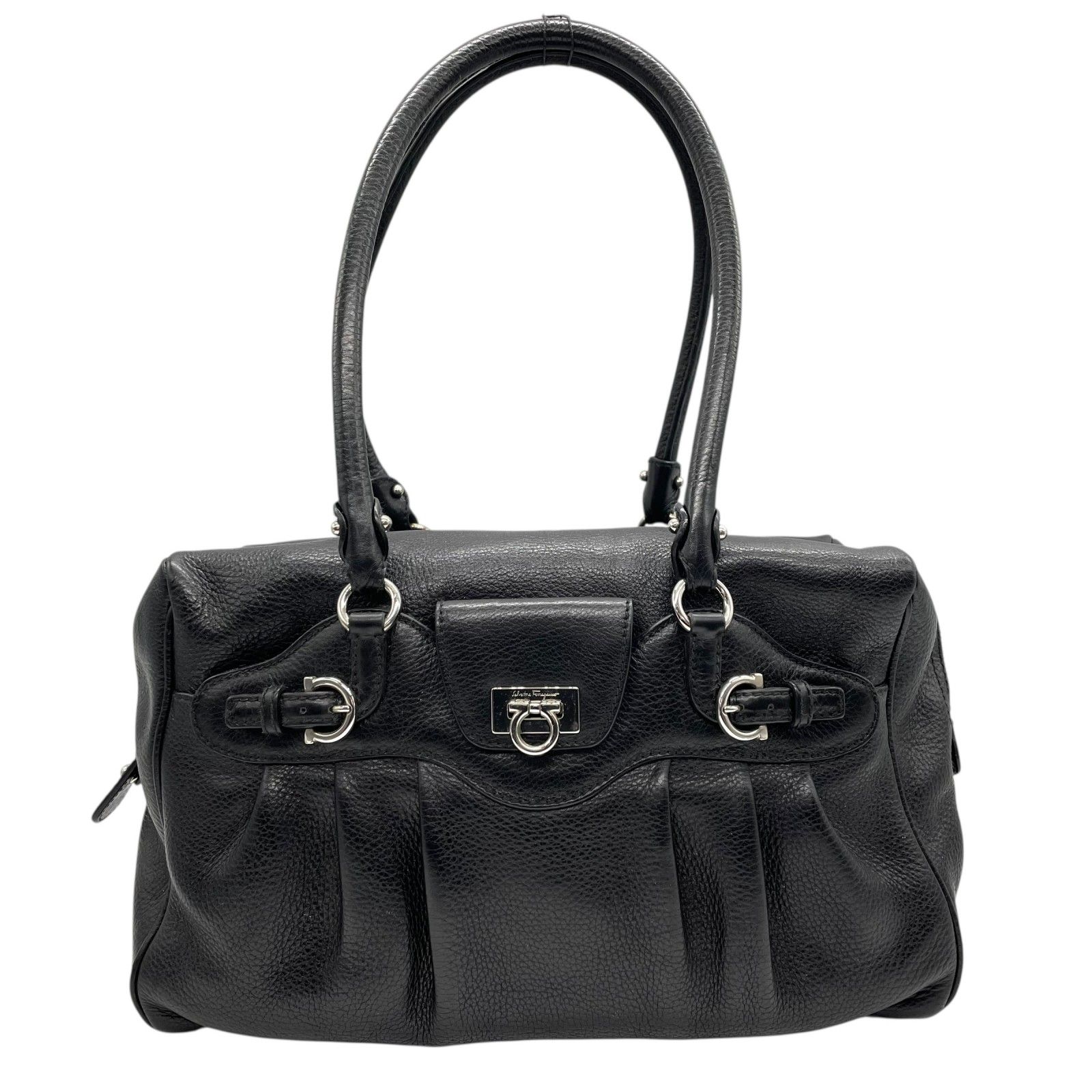 サルヴァトーレ フェラガモ Salvatore Ferragamo ガンチーニ ハンドバッグ ミニボストン ワンショルダー ブラック 黒 NERO レザー シルバー金具 ロゴ 肩掛け可 レディース A