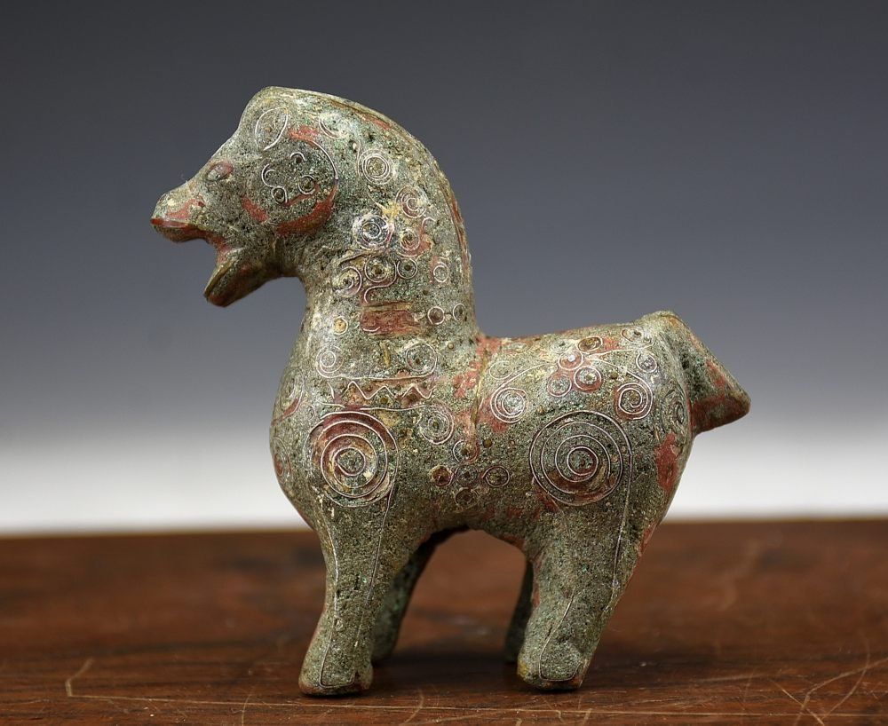 蔵A5480b 中国古美術 青銅象嵌馬 書鎮 杖頭 漢代 戦国時代