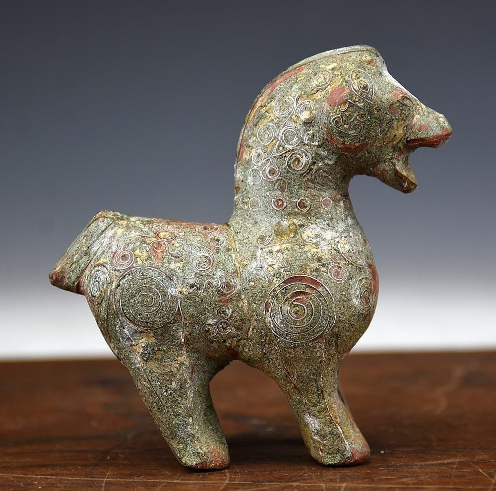 蔵A5480b 中国古美術 青銅象嵌馬 書鎮 杖頭 漢代 戦国時代