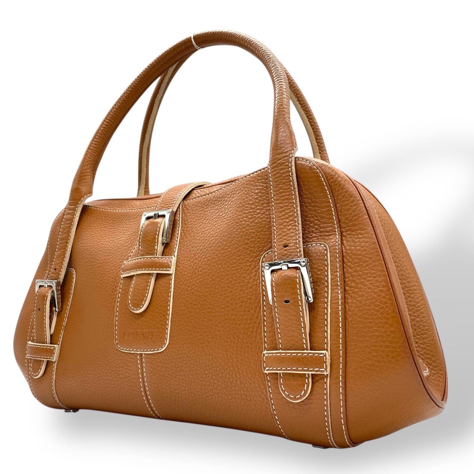 ロエベ LOEWE センダ ハンドバッグ キャメルブラウン 茶 レザー シルバー金具 ファスナー開閉 ロゴ型押し レディース A