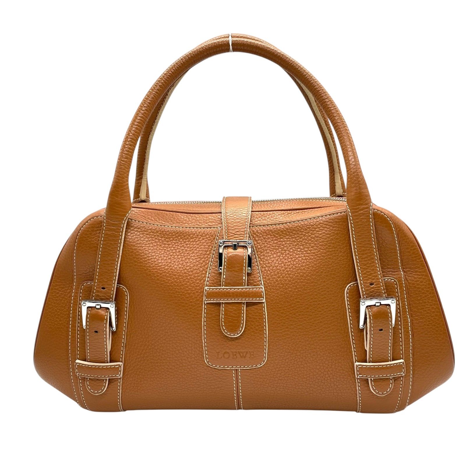 ロエベ LOEWE センダ ハンドバッグ キャメルブラウン 茶 レザー シルバー金具 ファスナー開閉 ロゴ型押し レディース A