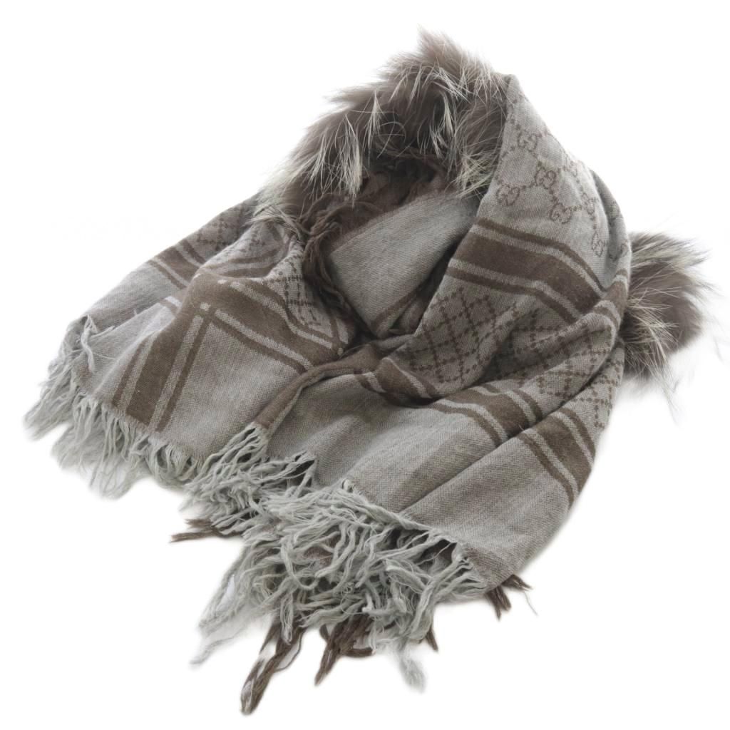 グッチ フォックスファー ウール シルク ストール 総柄 茶色