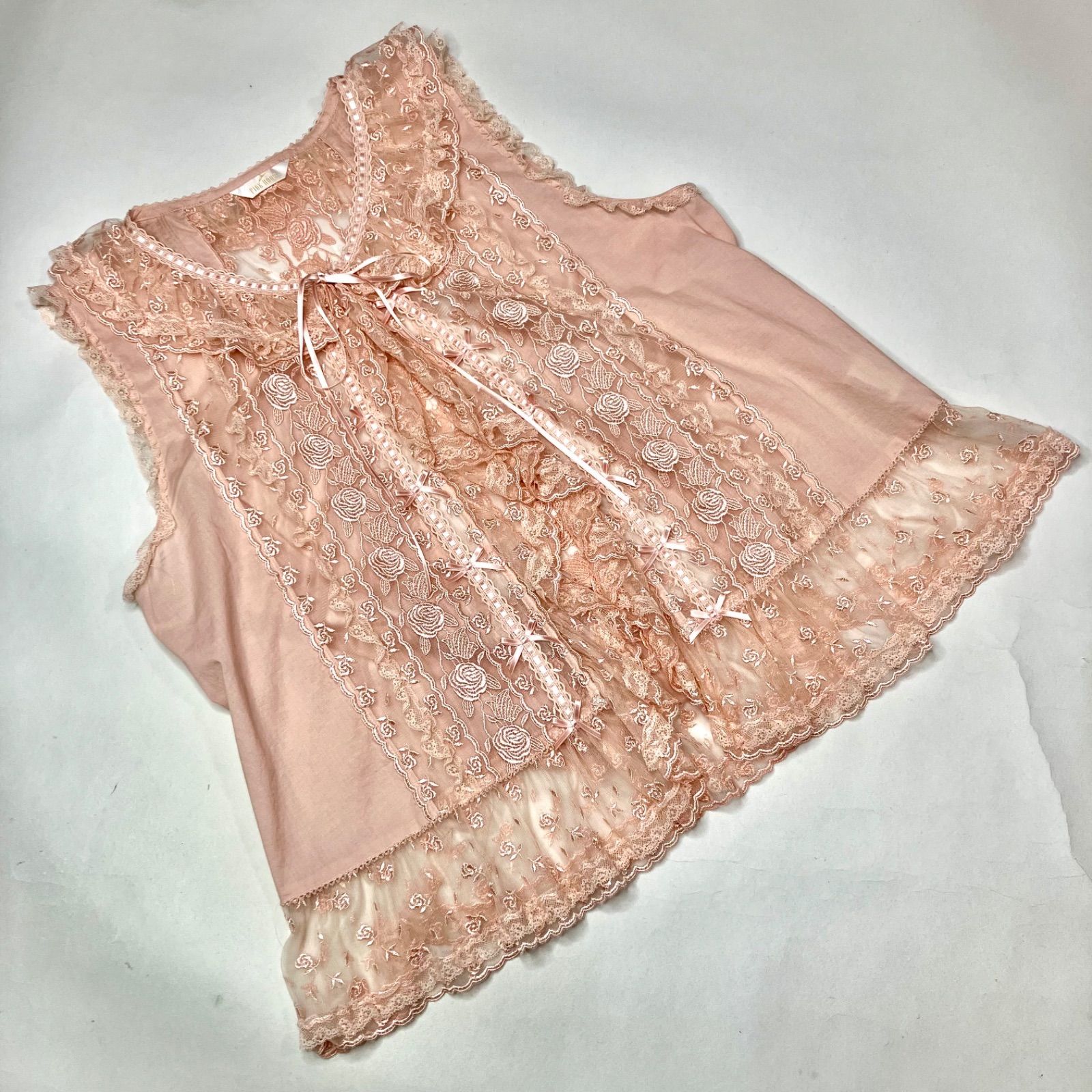 ピンクハウス ピンク バラレース サテンリボン使い 豪華ノースリーブオーバーブラウス 2020年 春