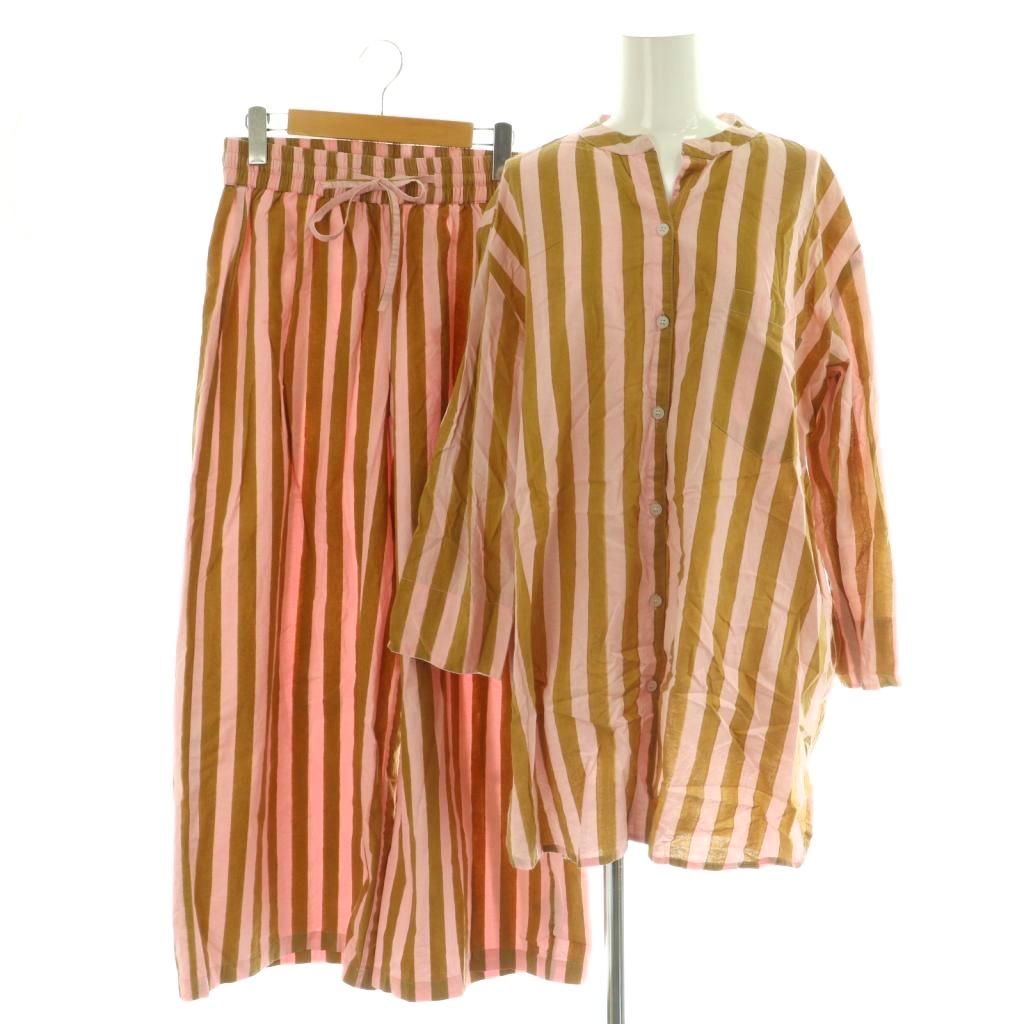 ロンハーマン Ron Herman エスゼット SZ セットアップ 上下 シャツ ブラウス 長袖 前開き ワイドパンツ イージー ストライプ コットン S ピンク 茶 NR OS