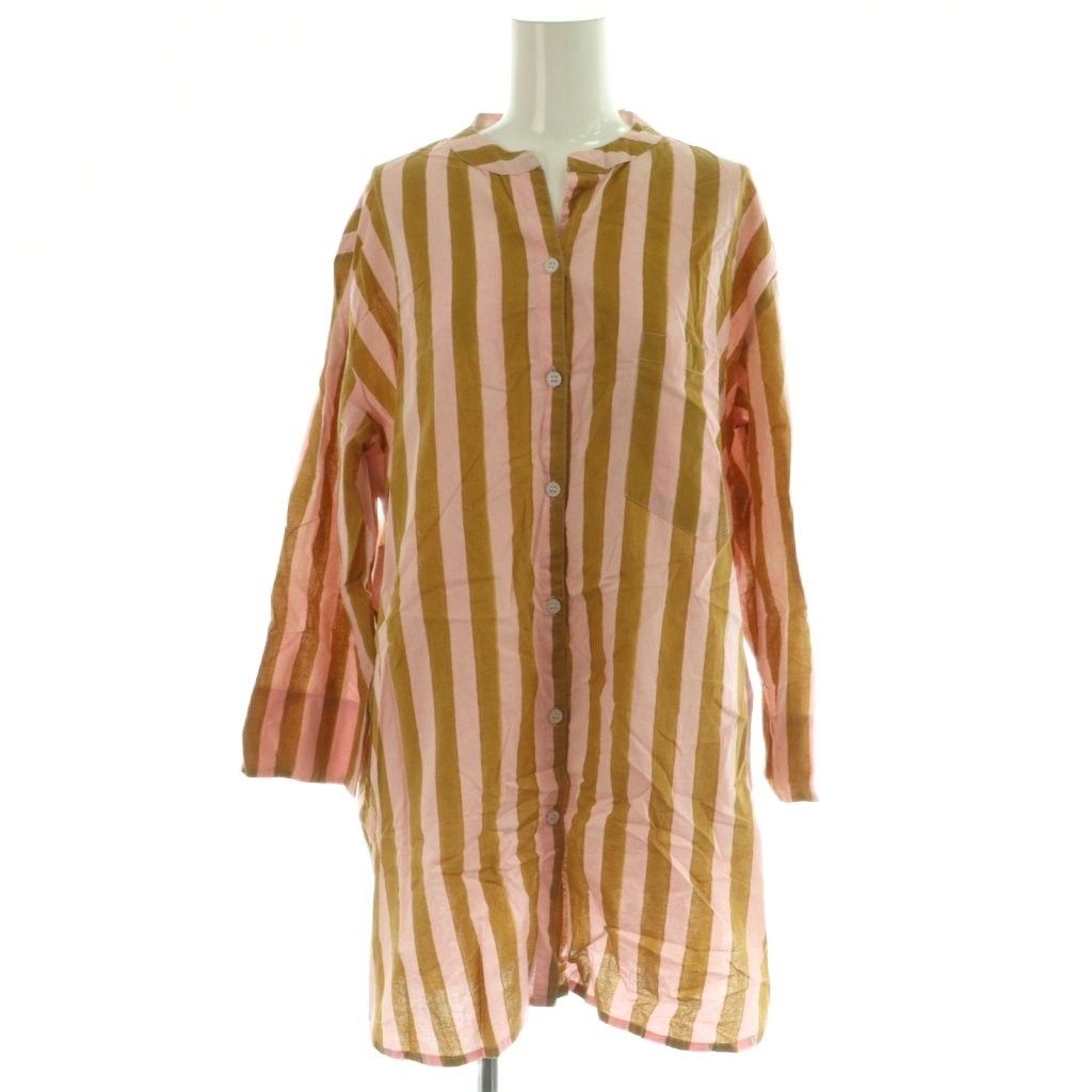 ロンハーマン Ron Herman × エスゼット SZ セットアップ 上下 シャツ ブラウス 長袖 前開き ワイドパンツ イージー ストライプ コットン S ピンク 茶 NR OS