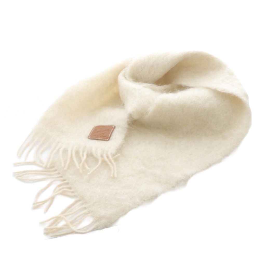 ロエベ LOEWE アナグラム レザーパッチ ウール モヘヤ マフラー フリンジ ベージュ