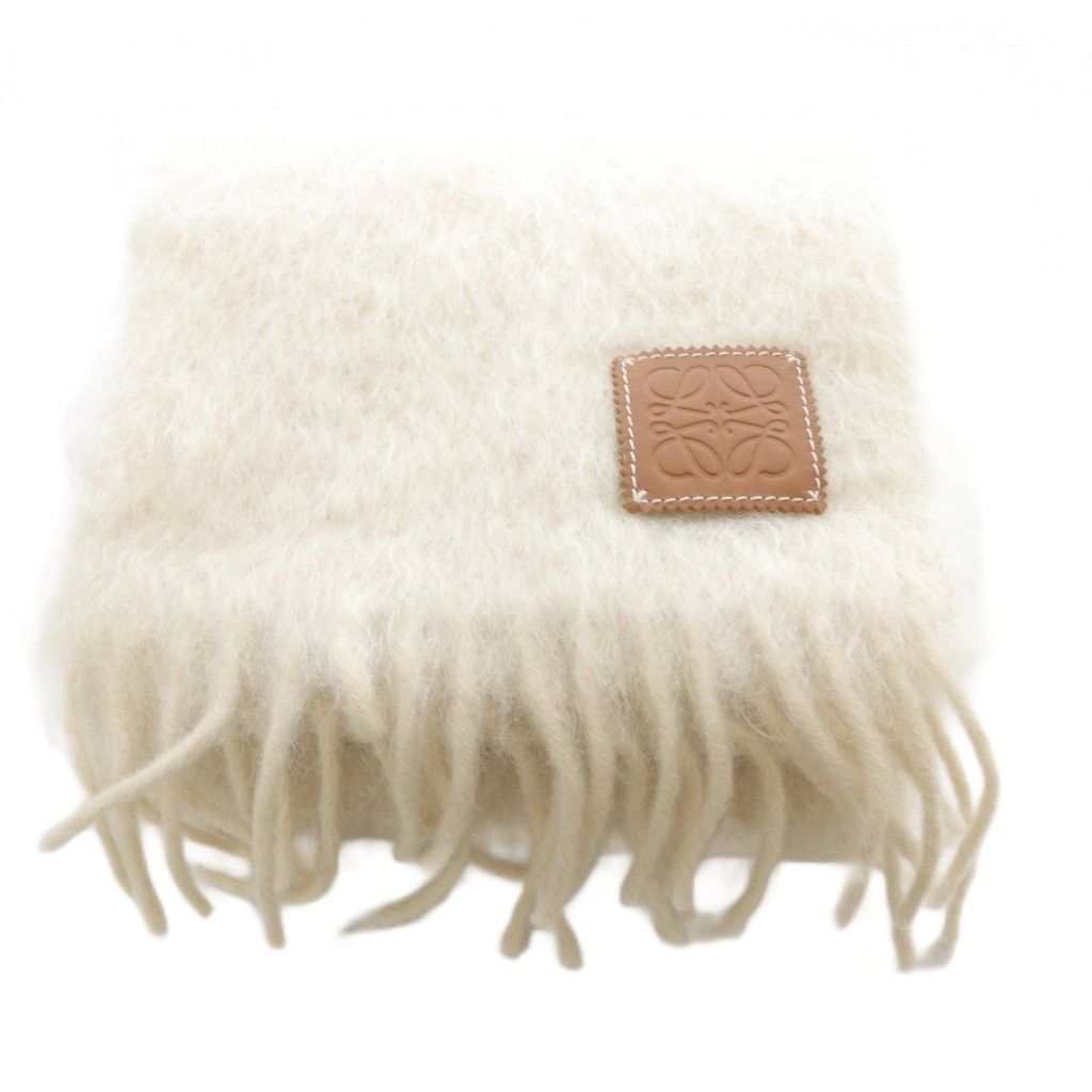 ロエベ LOEWE アナグラム レザーパッチ ウール モヘヤ マフラー フリンジ ベージュ