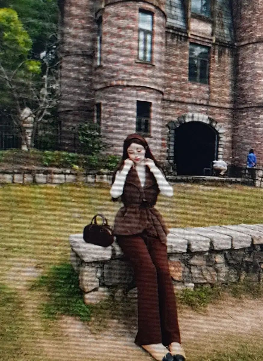 海外配送 ファー ベスト タートルネック 長袖 ニットTシャツ ワイド 起毛パンツ セット