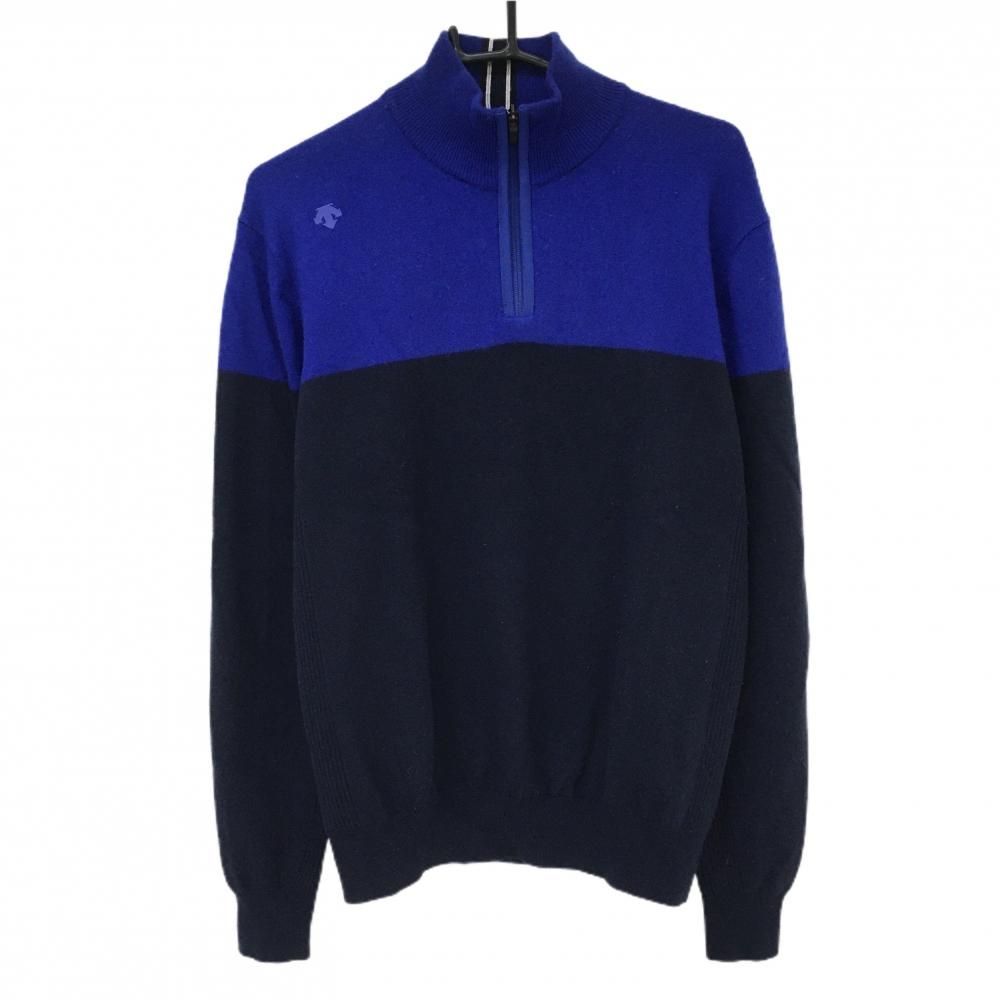 超 デサントゴルフ セーター ネイビー×ブルー バイ ウール ハーフジップ ニット メンズ L ゴルフウェア DESCENTE