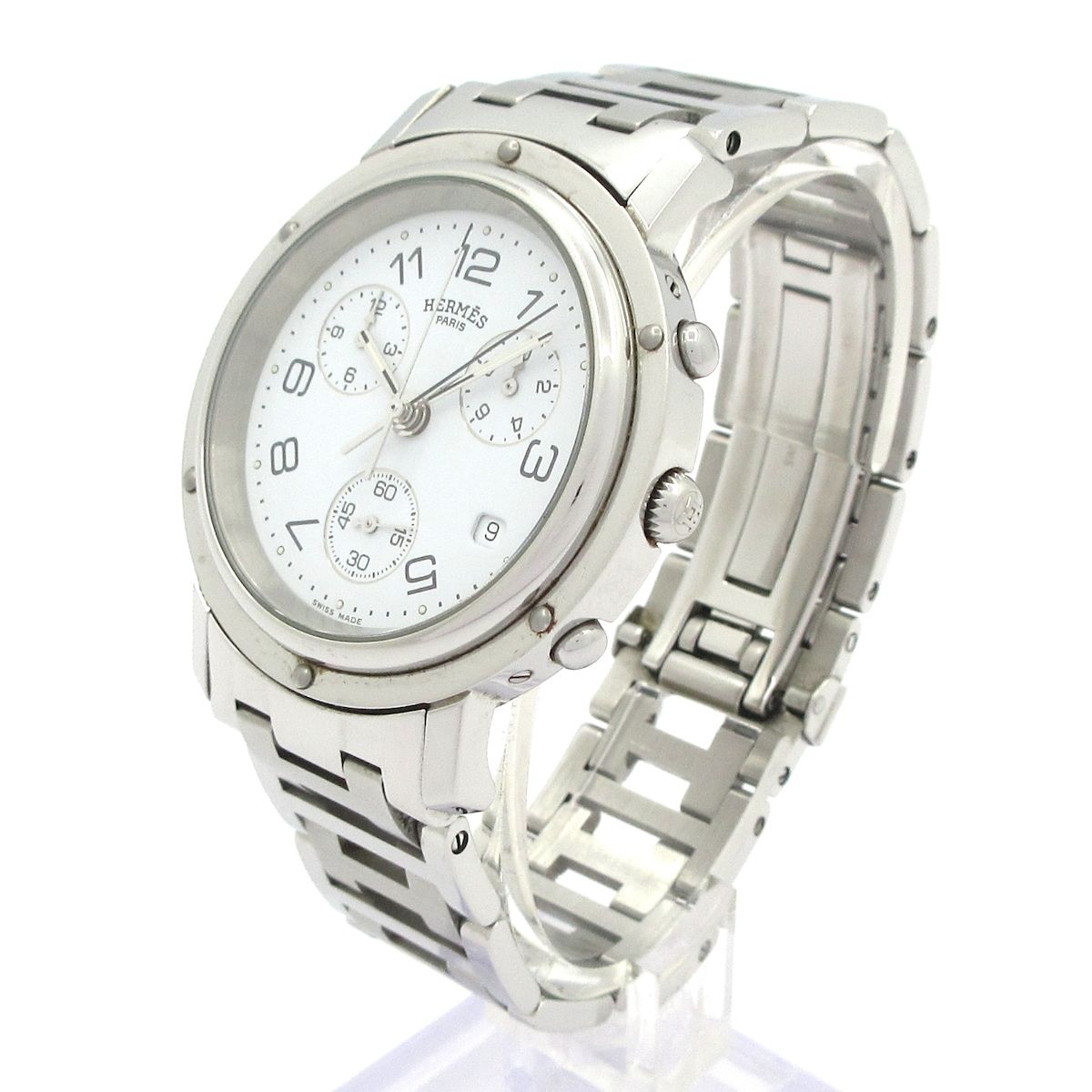 HERMES エルメス 腕時計 クリッパークロノ メンズ SS クロノグラフ 白