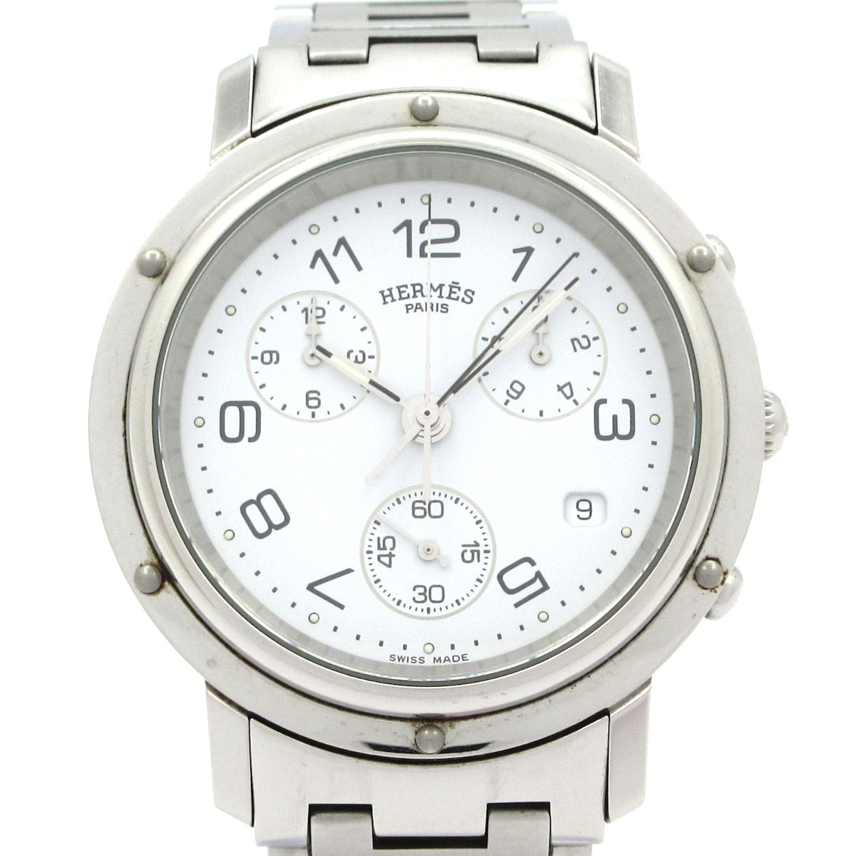 HERMES エルメス 腕時計 クリッパークロノ メンズ SS クロノグラフ 白