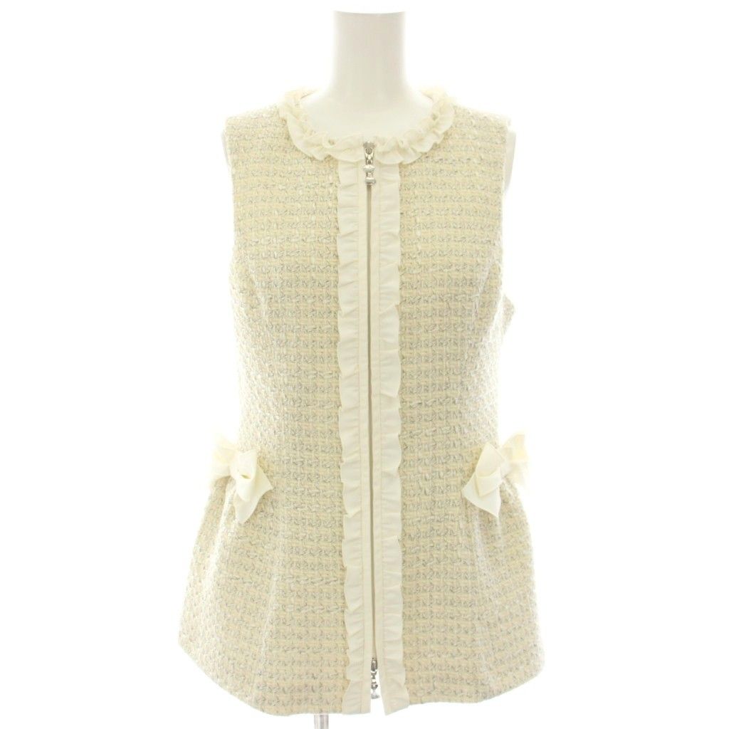 エムズグレイシー M S GRACY リボンスライダー ツイードフリル ベスト ジレ ジップアップ 36 アイボリー NF-414520 HN