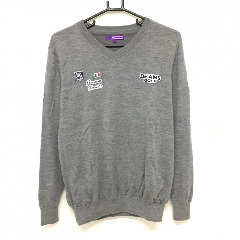 【美品】ビームスゴルフ BEAMS GOLF ニットセーター グレー系 XL 美品】ビームスゴルフ セーター グレー 複数ワッペン 裏地付 ウール100