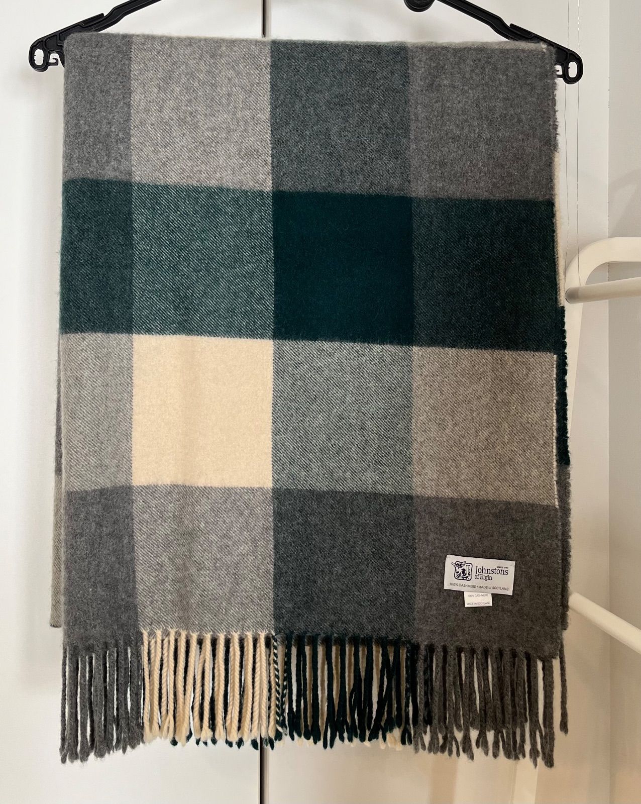 ジョンストンズ カシミヤ 大判ストール ブロックチェック グリーン 別注