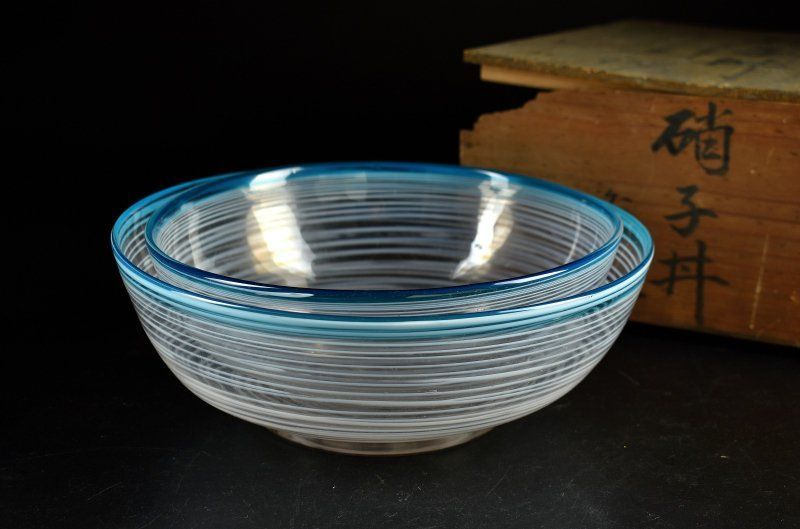 蔵A5519 大正～昭和初期 青輪線ガラス鉢 大小