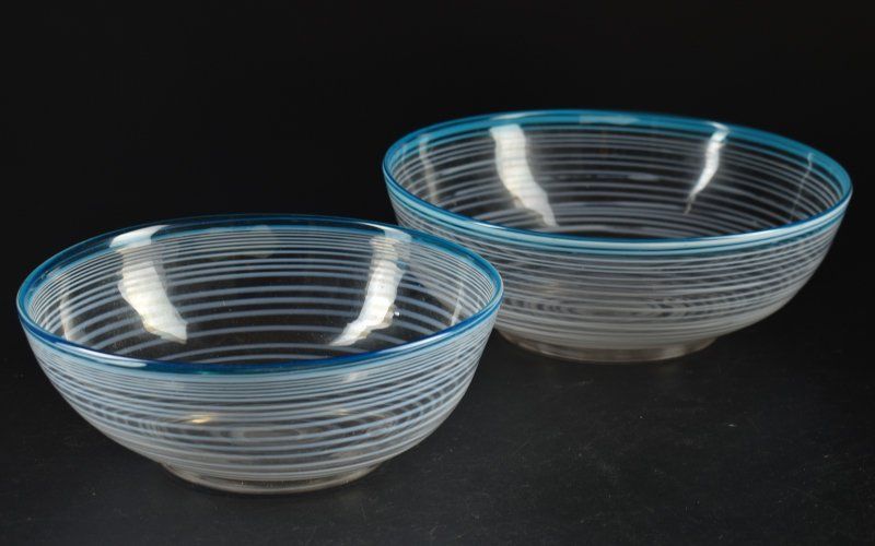 蔵A5519 大正～昭和初期 青輪線ガラス鉢 大小