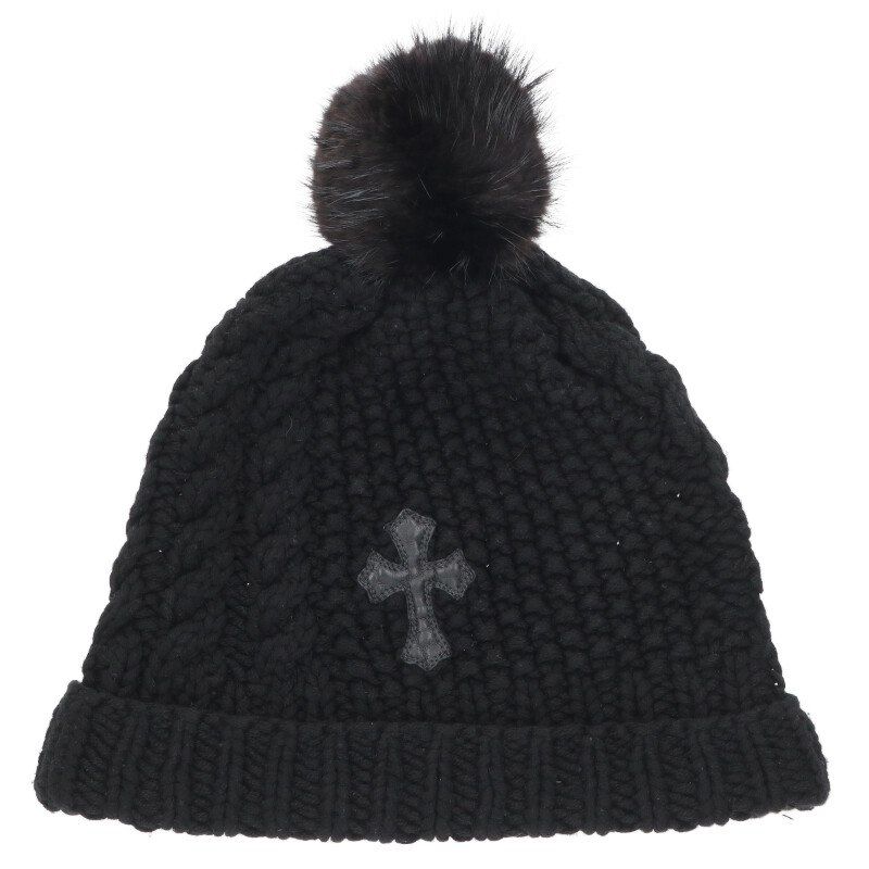 クロムハーツ クロスパッチ付きポンポンカシミヤニット帽子 メンズ ONE SIZE