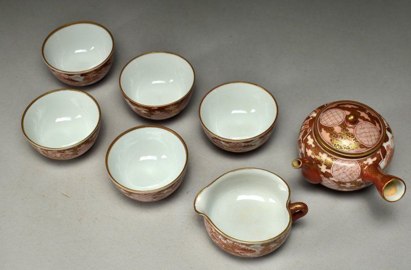 蔵A5531 九谷焼 赤金襴手茶器 陶水作 元箱