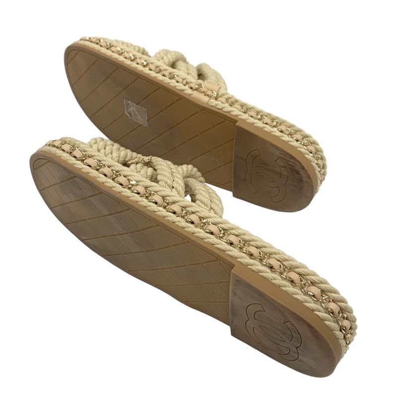 シャネル CHANEL サンダル 靴 シューズ ファブリック レザー ベージュ ココマーク チェーン コード シャネル CHANEL サンダル 靴 シューズ ファブリック レザー ベージュ