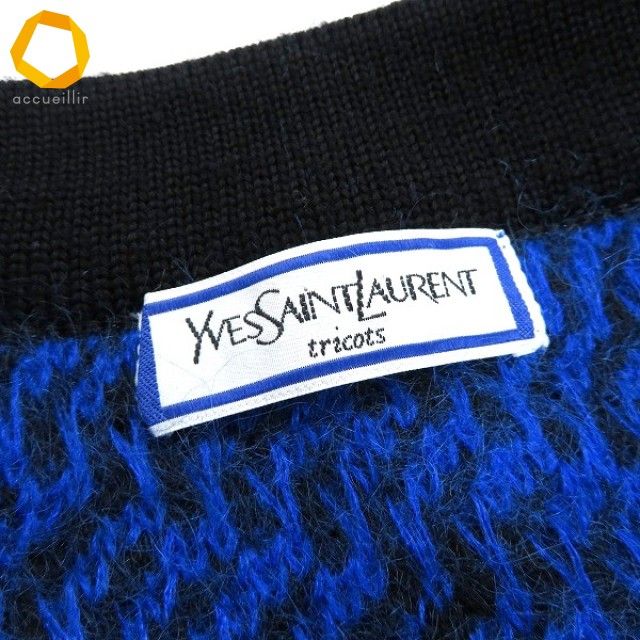  w イヴサンローラン Yves Saint Laurent YSL ニット セーター M 青 黒 ウール 毛 ヴィンテージ レディース 948650 k 01 長袖 カーディガン ボレロ アンサンブル