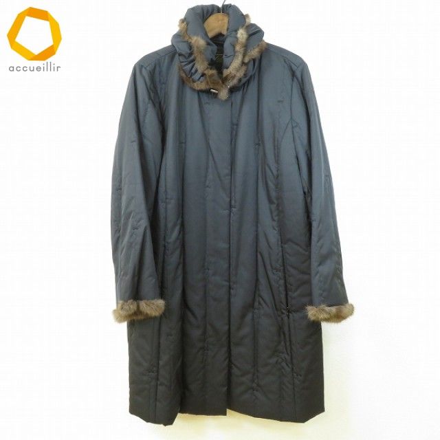 w レリアン Leilian コート 中綿 リス毛皮付き 13 黒 茶系 リボン刺繍 大きいサイズ 長袖 レディース 951794 k01