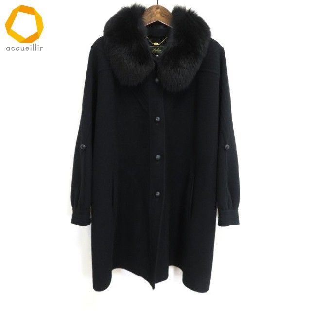 w レリアン Leilian ファー付き コート 13 黒 毛皮 ウール 毛 100% リアルファー 13号 大きいサイズ レディース 951836 k01