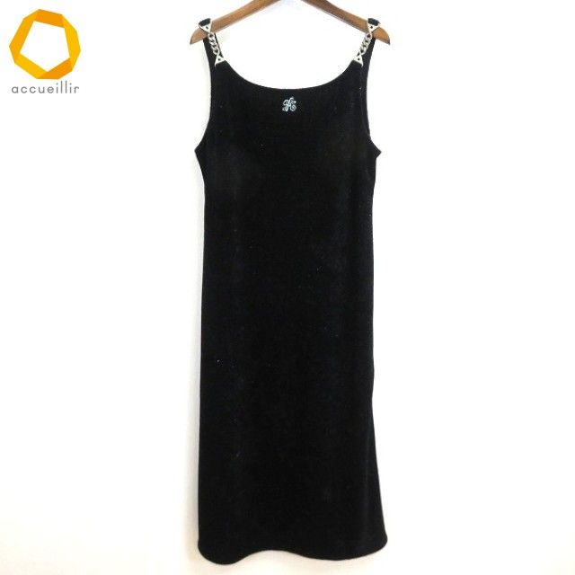 a イタリヤ 伊太利屋 ノースリーブ ロング ワンピース 9号 黒 ラメ パイル地 レディース 972596 k01