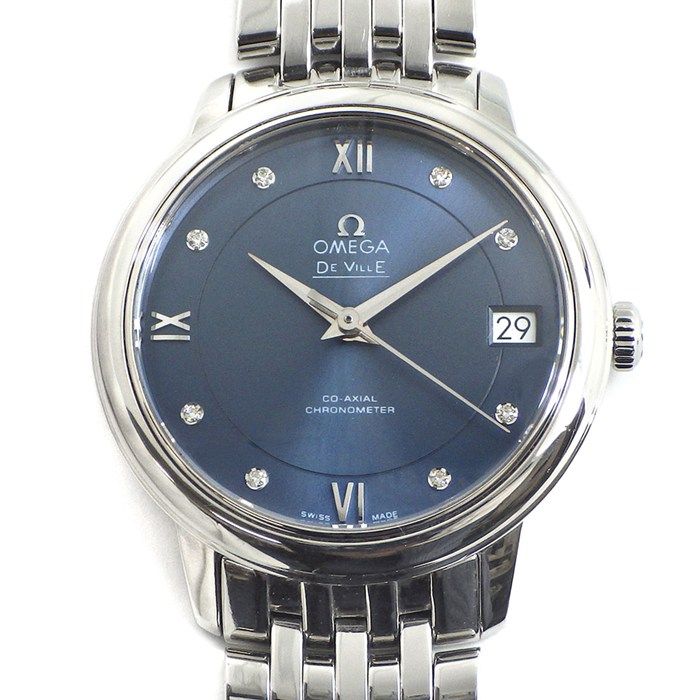 オメガ OMEGA 腕時計 デ ヴィル プレステージ 424.10.33.20.53.001 クロノメーター デイト 8ポイント ダイヤインデックス サンレイ ブルー文字盤 SS 自動巻き