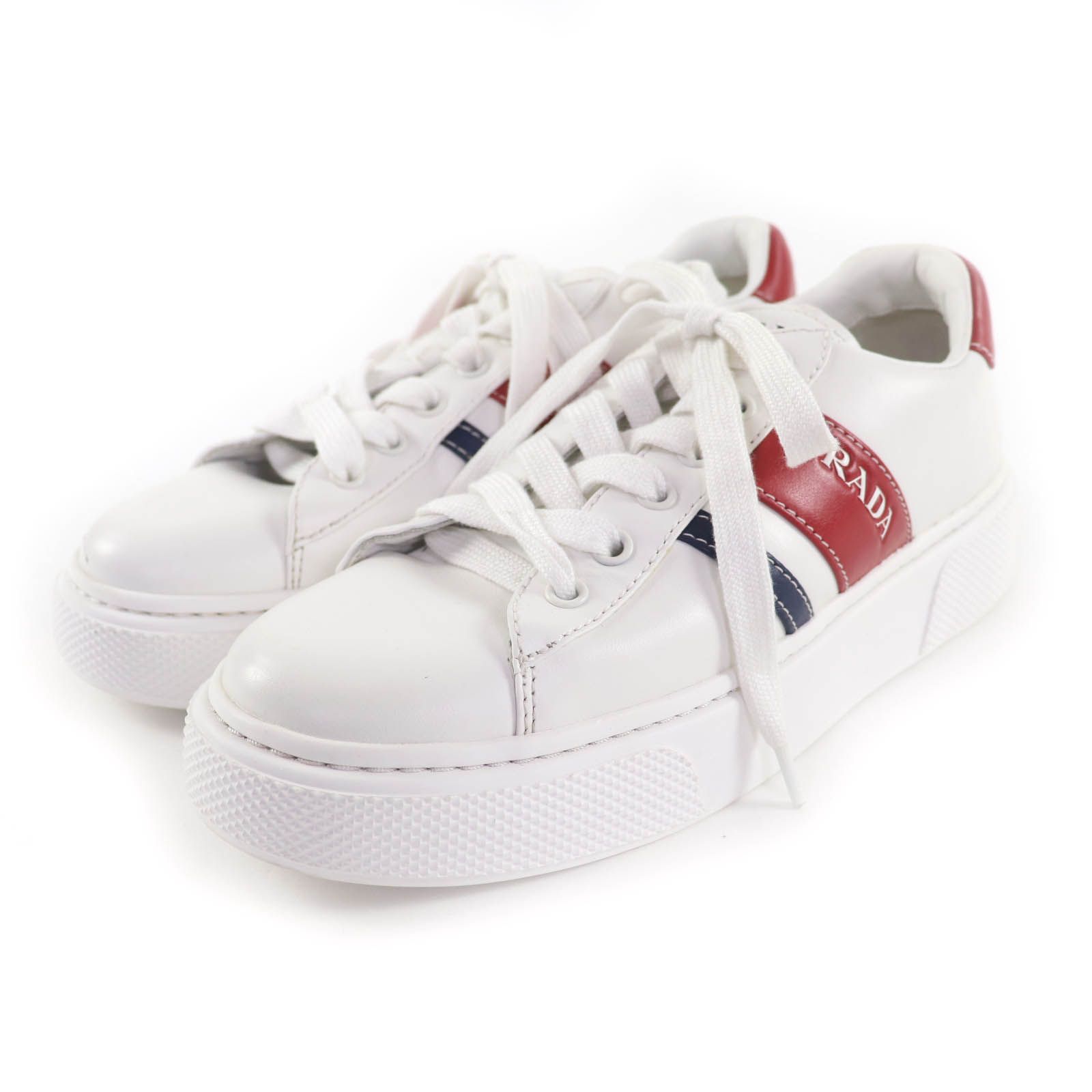 ドンドン見直し PRADA プラダ 1E802M ロゴデザイン レースアップ レザー スニーカー シューズ ホワイト 37 レディース