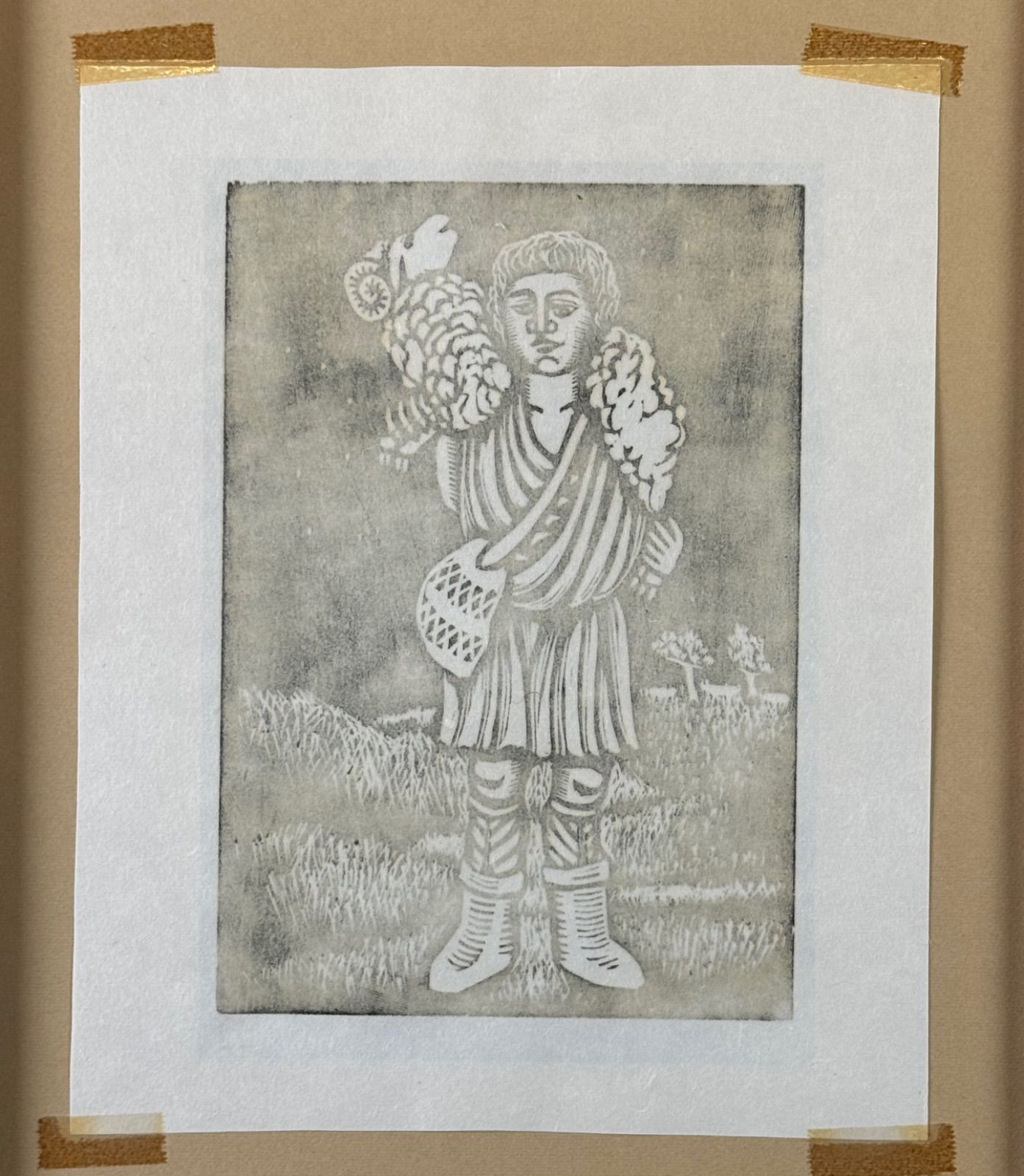 木版画 羊と少年 木戸口加代子 「羊かいの少年」木版画 1991年 直筆サイン入り - メルカリ
