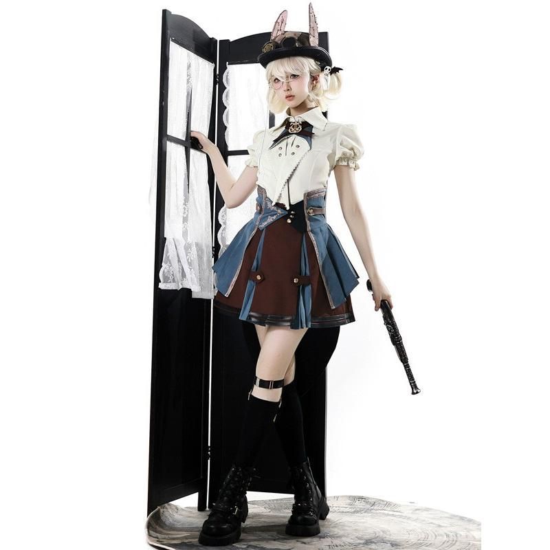 王子風ロリータ 車掌風 少年装 3点セット スカート 夏 半袖 上品 エレガント 男装 王子装 王子系 リボン フリル ゴスロリ服 レトロ風 ロリィタ ステージ服