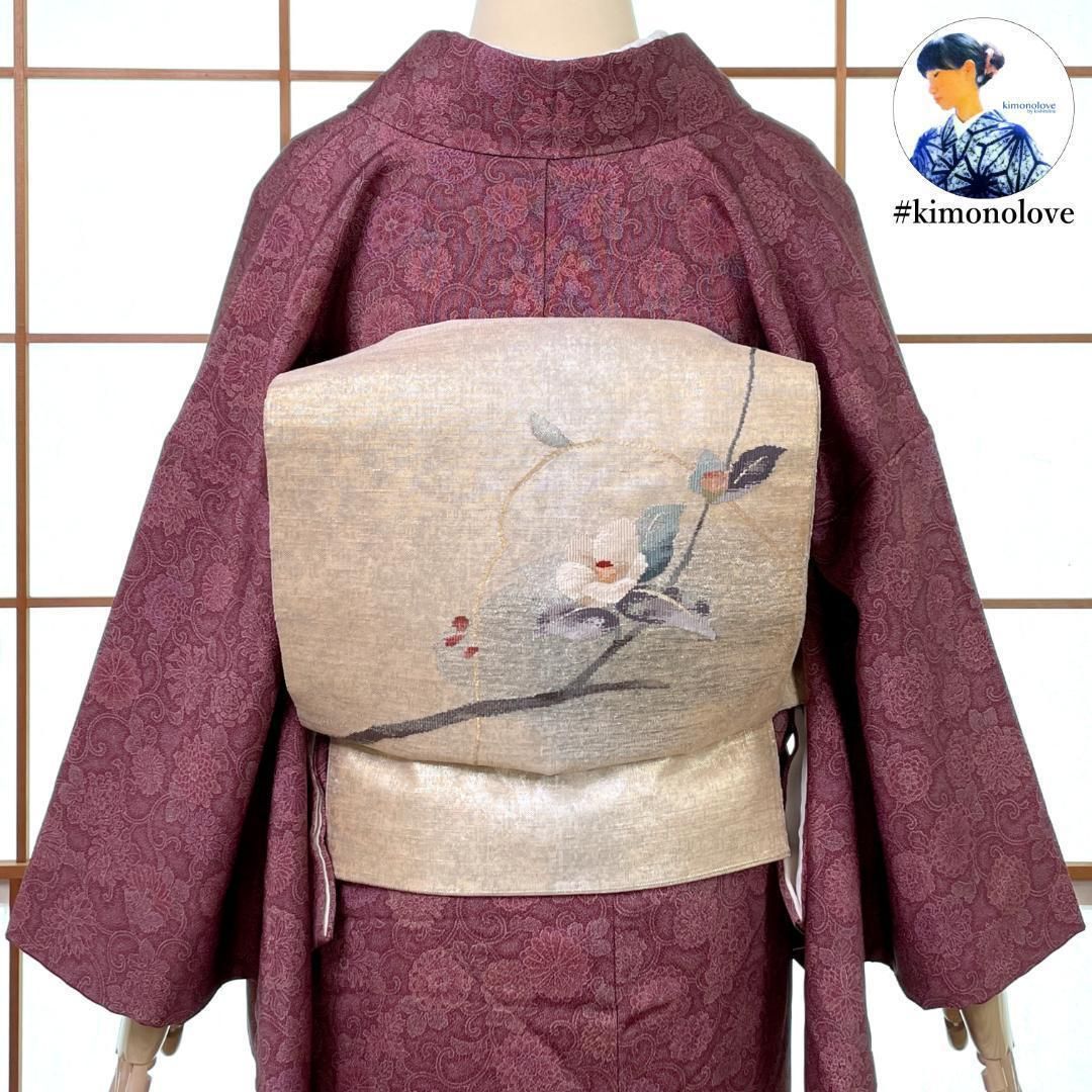 袋帯 つづれ織 洒落帯 正絹 金銀糸 椿 着物 kimonolove リユース品 オゾン消臭サービス AO-0560