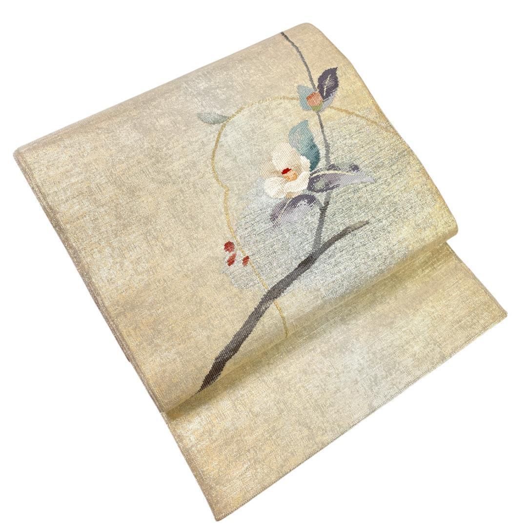 袋帯 つづれ織 洒落帯 正絹 金銀糸 椿 着物 kimonolove リユース品 オゾン消臭サービス AO-0560