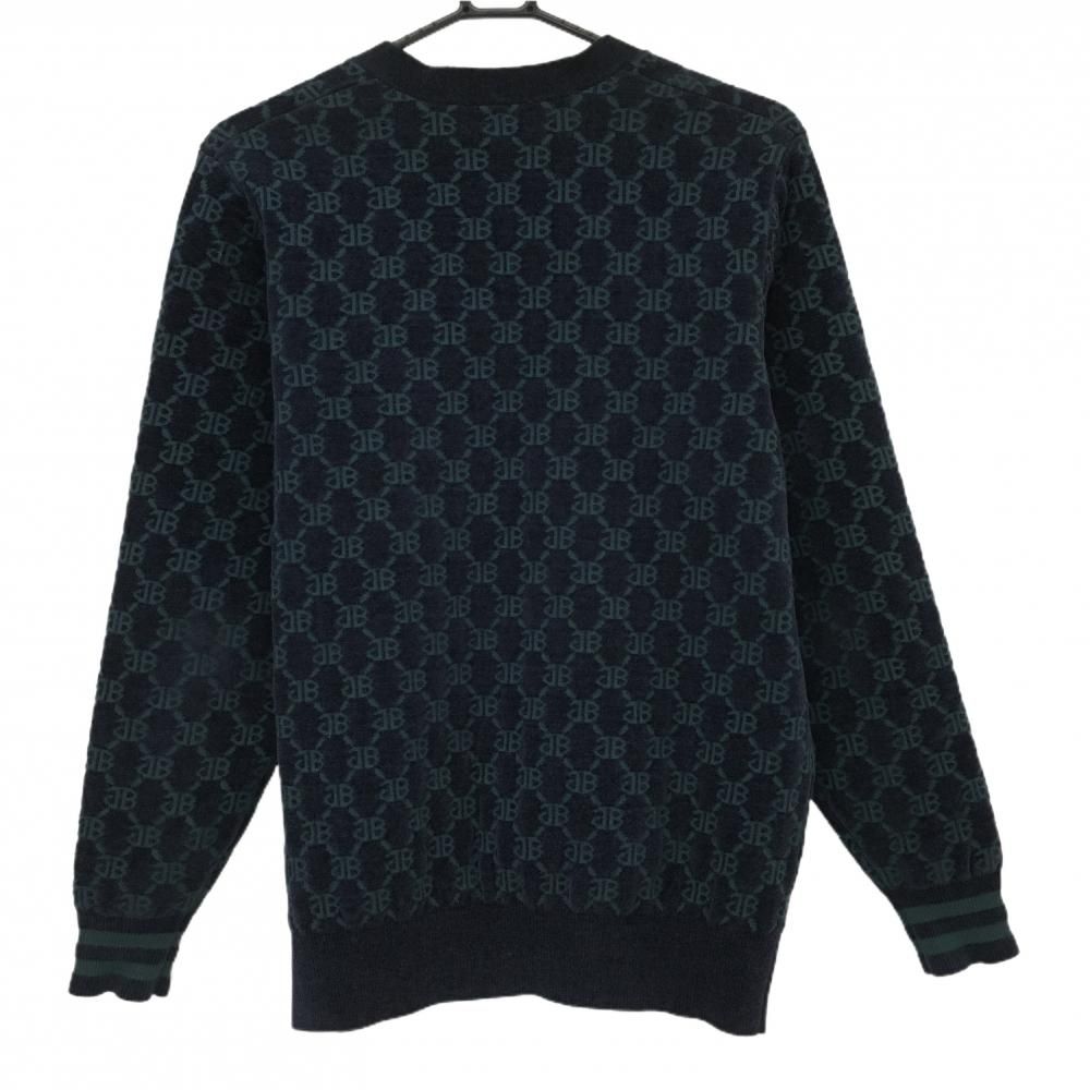 超 ジャックバニー ニットカーディガン ネイビー×グリーン ロゴ総柄 ブルゾン メンズ 4 M ゴルフウェア Jack Bunny