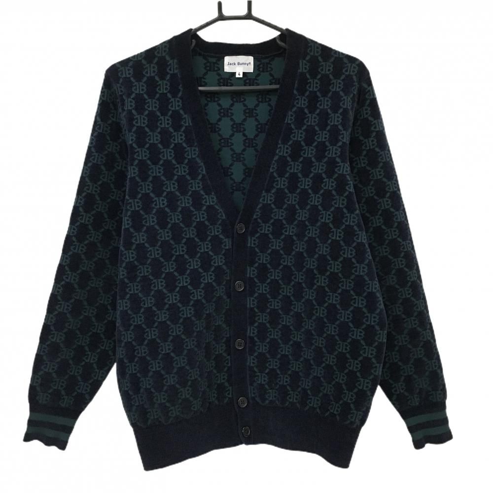 超 ジャックバニー ニットカーディガン ネイビー×グリーン ロゴ総柄 ブルゾン メンズ 4 M ゴルフウェア Jack Bunny