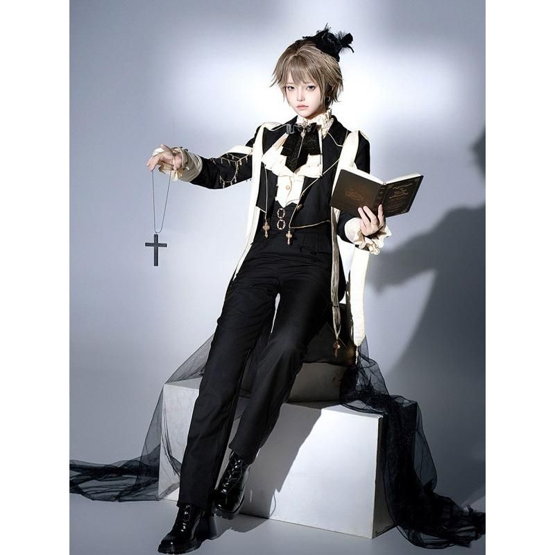 王子風ロリータ 神父風 少年装 4点セット 中世ヨーロッパ イギリス風 長袖 上品 エレガント 男装 王子装 王子系 リボン フリル レトロ風 コスチューム