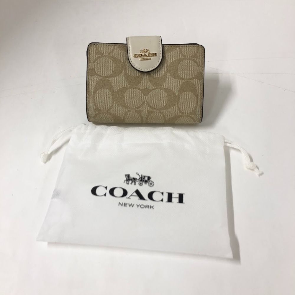 08w13843 コーチ COACH ミディアム コーナー ジップ ウォレット シグネチャー キャンバス ベージュ ホワイト 二つ折り財布 品