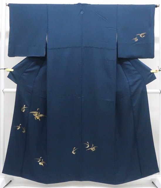 京松 付下げ 縫い紋 金駒刺繍 鶴 正絹 着物 身丈約158cm 裄丈約64.5cm r7z10-659