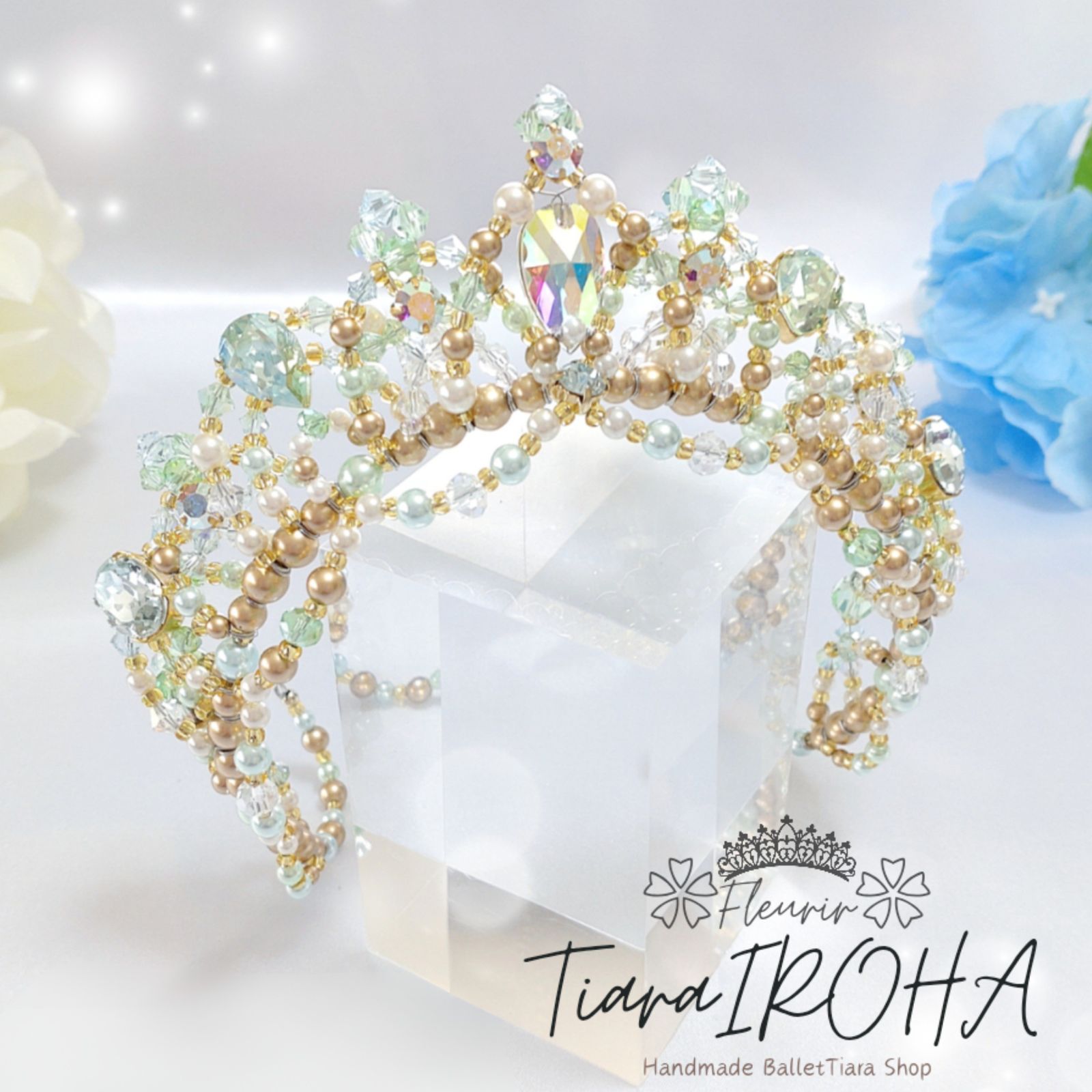 バレエ ティアラ ゴールド×ミントグリーン 大人サイズ コーム付