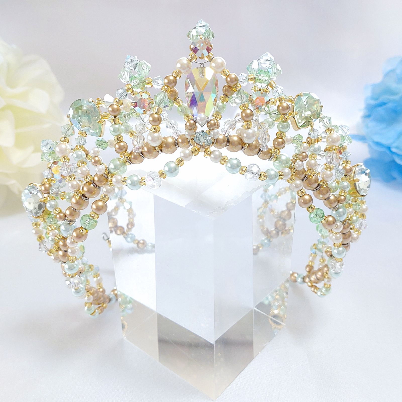 バレエ ティアラ ゴールド×ミントグリーン 大人サイズ コーム付