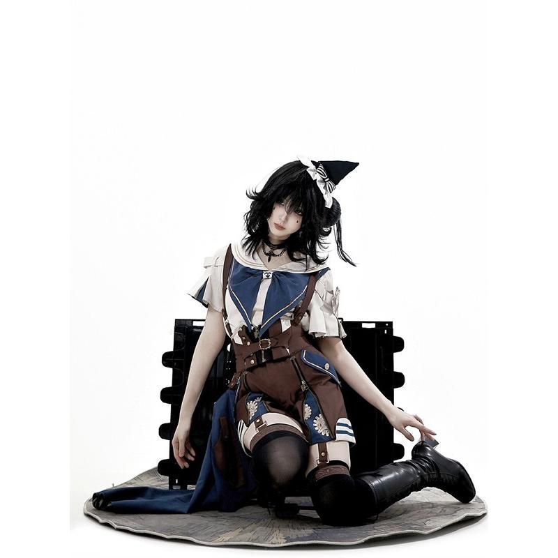 王子風ロリータ セーラー 少年装 スチームパンク 皇子系 3点セット サスペンダーパンツ 夏 半袖 上品 エレガント 男装 王子装 王子系 ゴスロリ服 レトロ風