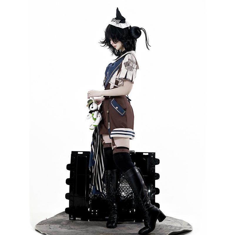 常連の 王子風ロリータ セーラー 少年装 スチームパンク 皇子系 3点セット サスペンダーパンツ 夏 半袖 上品 エレガント 男装 王子装 王子系 ゴスロリ服 レトロ風 リッチな