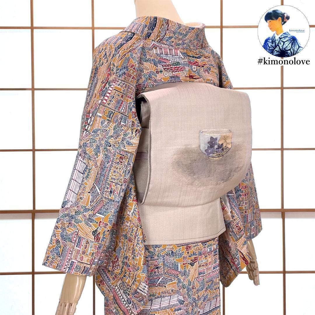 袋帯 洒落帯 すくい織 紬 正絹 金糸 茶道具 着物 kimonolove リユース品 オゾン消臭サービス AO-0384